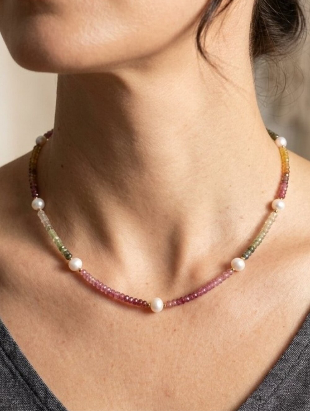 Bbj 925 Necklace Of Gradient Tourmaline Rondelle Beads W/pearls